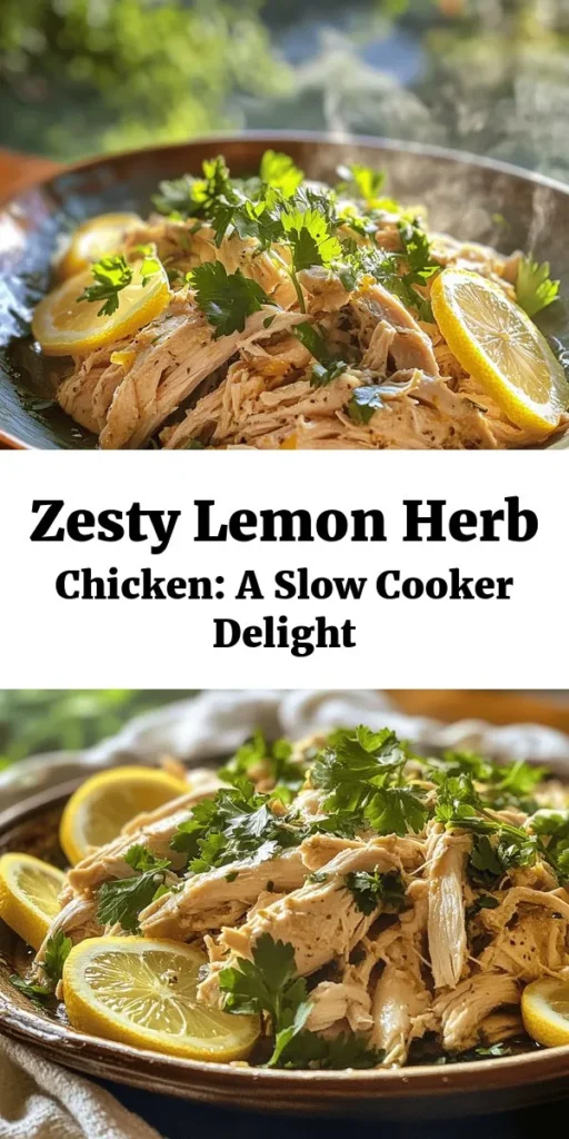 Discover the delicious flavors of Zesty Lemon Herb Chicken! This simple slow cooker recipe features tender chicken breasts marinated in a refreshing blend of lemon juice, garlic, and herbs. Cooked to perfection with chicken broth, it's easy and perfect for any dinner. Garnish with fresh parsley and lemon slices for an extra burst of flavor. Prep takes just 10 minutes, and the slow cooker does the rest! Ideal for busy weeknights or meal prep. Enjoy a taste of summer anytime!