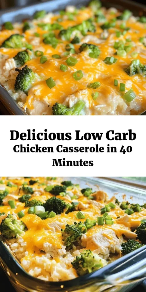 Discover the perfect comfort food with this Easy Low Carb Chicken Casserole! Packed with tender shredded chicken, nutritious broccoli, and creamy cauliflower rice, this dish combines the flavors of cheddar cheese and spices for a satisfying meal. Simple to make and ready in just about 40 minutes, it's a delicious option for busy weeknights or meal prepping. Serve warm, garnished with green onions, for a delightful low-carb treat!
