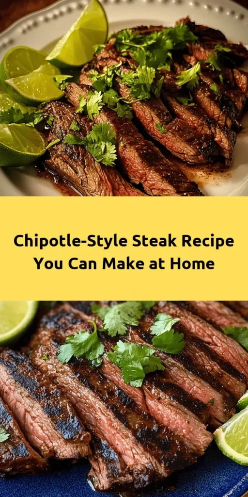 Get ready to elevate your dinner game with this easy-to-follow Chipotle-style steak recipe! Using flank or skirt steak, marinated in a flavorful blend of spices, lime juice, and adobo sauce, this dish brings the taste of your favorite restaurant right to your kitchen. Perfectly grilled to juicy perfection, it's great served with tortillas, rice, or beans. Don't forget to garnish with fresh cilantro and lime wedges for an extra zesty kick! Enjoy your homemade feast!