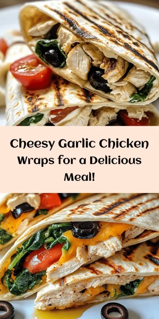 Indulge in these Cheesy Garlic Chicken Wraps that are bursting with flavor! Perfect for a quick lunch or dinner, these wraps are filled with tender, shredded chicken, creamy cheeses, and fresh spinach, all wrapped in golden grilled tortillas. With added garlic, Italian herbs, and optional red pepper flakes for a kick, each bite is a delight. Enjoy them with a side of marinara or ranch for the ultimate comfort food experience. Easy to make and totally satisfying!