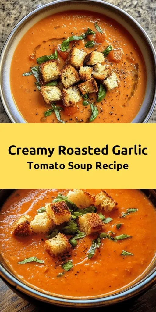 Indulge in this creamy roasted garlic tomato soup that's bursting with flavor! Made with ripe tomatoes, a whole head of roasted garlic, and a touch of heavy cream (or coconut cream for a vegan twist), this cozy dish is perfect for any occasion. With a simple sauté of onions and carrots, combined with vegetable broth, it's both delicious and comforting. Serve it warm, garnished with fresh basil and crunchy croutons for the ultimate experience. Perfect for chilly nights!
