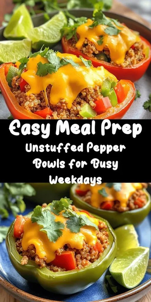 Meal Prep Unstuffed Pepper Bowls are a delicious, healthy option for your weekly meal prep! Packed with ground turkey or beef, quinoa or rice, colorful bell peppers, black beans, and corn, this recipe is full of flavor and nutrients. It's easy to make in just 30 minutes, and you can customize it with your favorite spices and toppings. Enjoy a hearty meal throughout the week or serve it fresh with a squeeze of lime for an extra kick. Perfect for busy days!