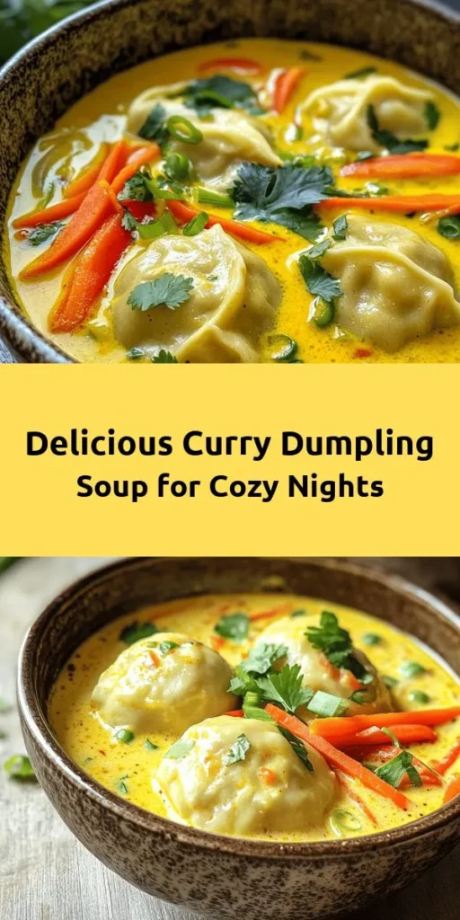 Warm up with this delicious Best Curry Dumpling Soup! This comforting dish features homemade dumplings filled with ground chicken or tofu, fragrant spices, and fresh veggies. The creamy coconut broth makes every bite irresistible. Perfect for a cozy dinner, this recipe takes about an hour to prepare and serves four. Garnish with fresh cilantro and green onions for a delightful finish. Discover the joy of making this hearty soup at home!