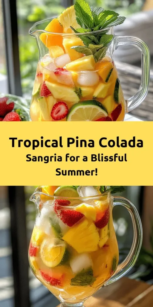 Experience a taste of paradise with this Tropical Bliss Pina Colada Sangria! Perfect for gatherings or a relaxing evening, this vibrant blend combines dry white wine, coconut rum, and pineapple juice, enhanced with fresh fruits like pineapple, strawberries, and citrus slices. With just a few easy steps, you can whip up this refreshing drink in under 15 minutes. Refrigerate to let the flavors mingle, and serve over ice with a fizzy splash. Don't forget the mint garnish for that tropical touch!