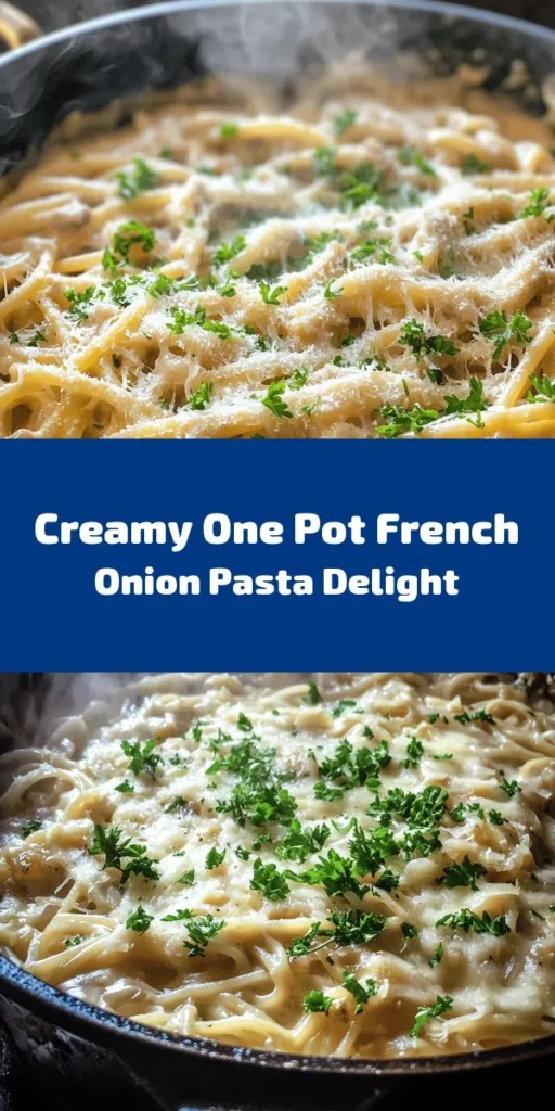 Indulge in the creamy goodness of One Pot French Onion Pasta! This easy recipe combines caramelized onions, garlic, and thyme with al dente pasta, all cooked together in one pot for a hassle-free meal. Finished with rich Gruyère and Parmesan cheese, this pasta dish is perfect for weeknight dinners or cozy gatherings. With just 35 minutes from prep to plate, it's as delicious as it is simple. Don’t forget to garnish with fresh parsley for that finishing touch!