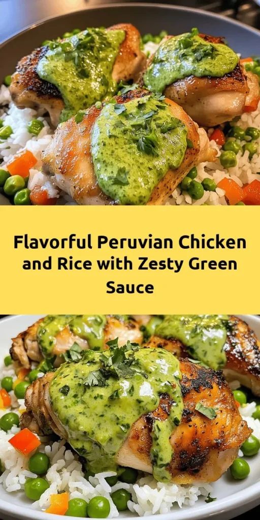 Discover the vibrant flavors of Peru with this delicious Peruvian Chicken and Rice with Green Sauce recipe! Marinated chicken thighs are cooked to perfection and served over fluffy rice loaded with peas and colorful bell peppers. The dish is topped off with a zesty green sauce made from fresh cilantro, jalapeño, and creamy ingredients for an extra kick. Perfect for a family dinner or meal prep, this dish is sure to impress your taste buds and delight your loved ones! Enjoy a taste of Peru today!