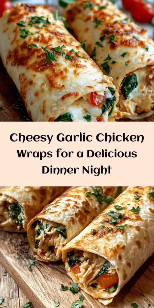 Indulge in these mouthwatering Cheesy Garlic Chicken Wraps that are perfect for a quick meal or snack! This easy recipe combines shredded chicken, creamy cheeses, and a medley of garlic and spices, all wrapped in a crispy tortilla. Packed with fresh spinach and tomatoes, these wraps are not only delicious but also nutritious. Bake them for a golden finish and serve with your favorite dipping sauce. Simple, satisfying, and sure to be a hit!