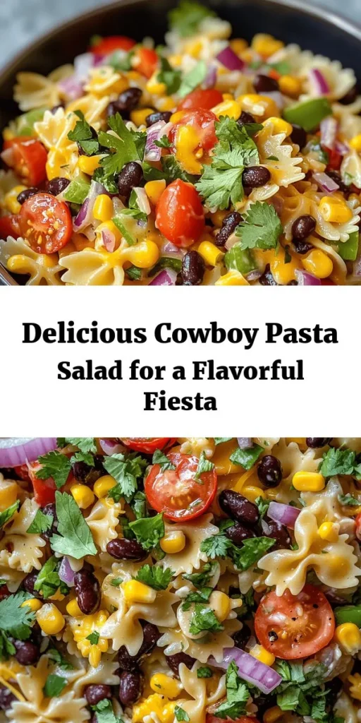 Dive into a bowl of deliciousness with this Cowboy Pasta Salad! It's a vibrant mix of bowtie pasta, cherry tomatoes, black beans, and sweet corn, all tossed in a zesty BBQ and ranch dressing. Quick and easy to make, this salad is perfect for gatherings and can be served cold or at room temperature. Packed with flavor, colorful veggies, and topped with cheese, it's sure to be a crowd-pleaser. Enjoy a taste of the wild west in every bite!
