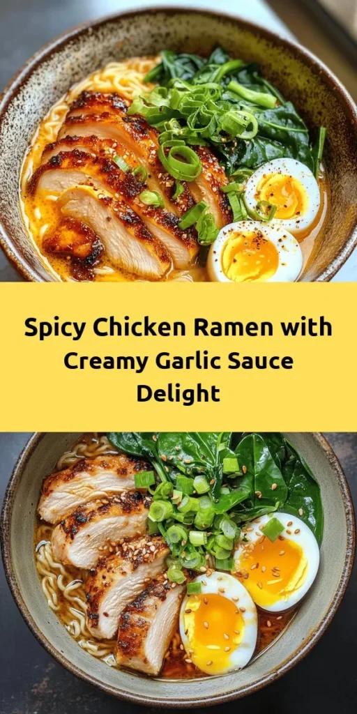 Dive into a bowl of Fiery Chicken Ramen with Creamy Garlic Sauce! This spicy and satisfying dish features tender marinated chicken, perfectly cooked ramen noodles, and a rich, flavorful sauce. With fresh baby spinach, sliced green onions, and an optional soft-boiled egg for that extra touch, it's a meal that's sure to impress. Perfect for a comforting night in, this recipe takes just an hour to make and is packed with delicious flavors!