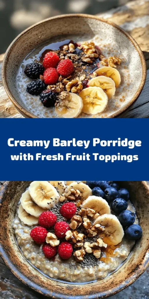 Start your day with a bowl of nourishing barley porridge! This heartwarming recipe combines tender pearled barley cooked in water or vegetable broth with creamy almond milk, sweet maple syrup, vanilla, and a dash of cinnamon. Customize it with your favorite toppings like fresh fruits, nuts, and seeds for a delicious and nutritious breakfast. Perfect for meal prep, this hearty porridge is a cozy start to any morning. Try it out today!