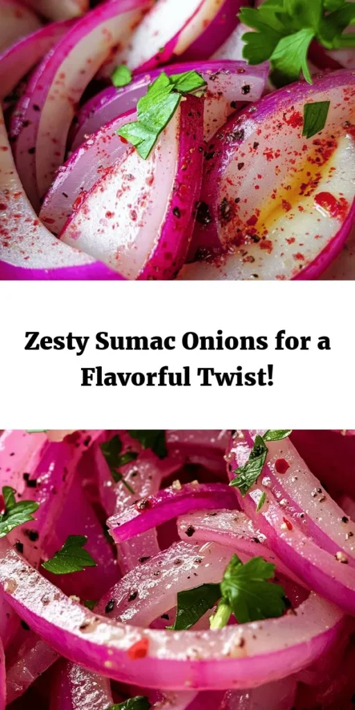 Add a burst of flavor to your meals with these Zesty Sumac Onions! This easy recipe features thinly sliced red onions marinated in a tangy mixture of olive oil, sumac, lemon juice, and spices. Perfect as a side dish, salad topping, or garnish for meats, they are simple to prepare and packed with bright flavors. Let them marinate to really enhance their taste, and for an extra kick, toss in some red pepper flakes. Enjoy this refreshing and healthy addition to your table!