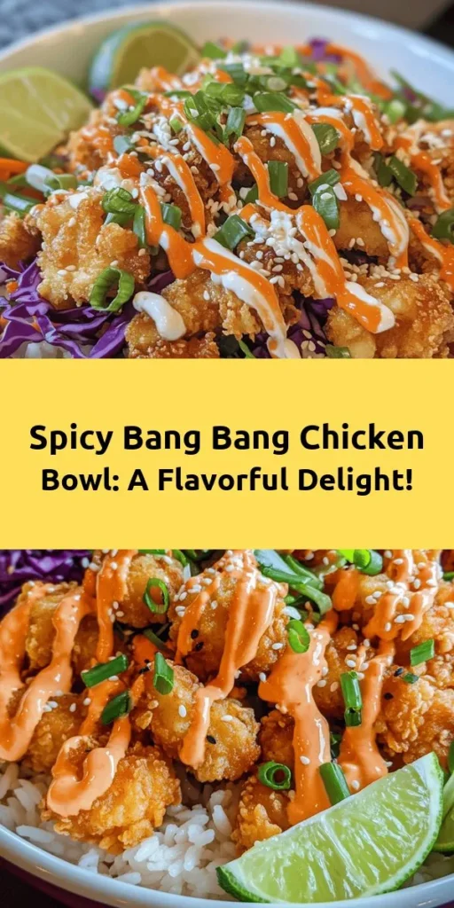 Savor the flavors of this Bang Bang Chicken Bowl that brings together crispy chicken, fresh greens, and a zesty sauce for a complete meal. Start with a base of fluffy jasmine rice, then pile on golden-fried chicken, crunchy carrots, and vibrant red cabbage. Drizzle with a creamy, spicy sauce for an extra kick, and garnish with sesame seeds and green onions. Perfect for a quick dinner or meal prep, enjoy this delicious bowl served with lime wedges for that perfect zing!