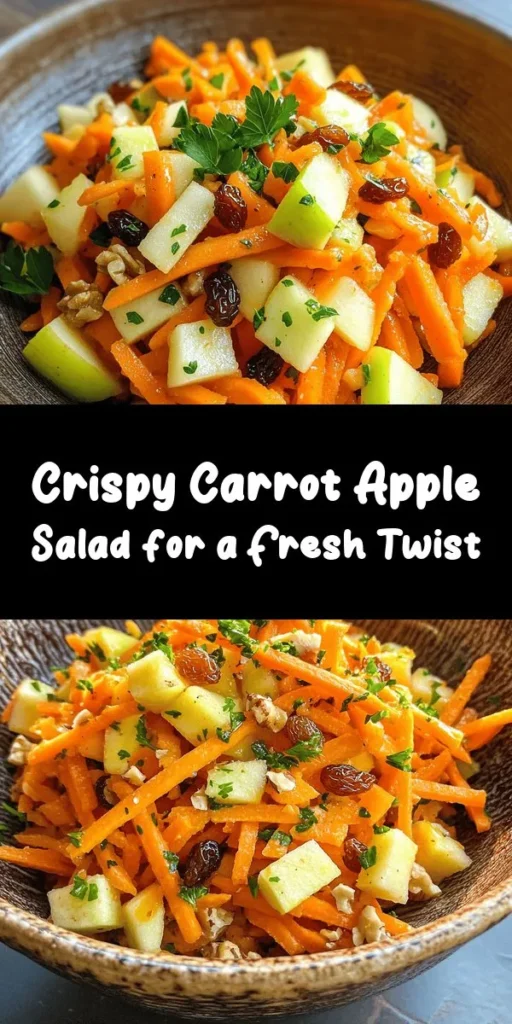 Discover the freshness of our Crunchy Carrot Apple Salad Delight! This vibrant dish combines grated carrots, crisp apples, and a medley of raisins and walnuts for a delightful crunch. Tossed in a sweet and tangy honey-Dijon dressing, this salad is not just delicious but also packed with nutrients. Perfect for a quick lunch or a side dish at dinner. Enjoy a burst of flavors and colors that are sure to brighten your plate! #SaladRecipes #HealthyEating