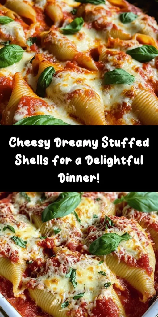 Indulge in a deliciously cheesy experience with these dreamy stuffed shells! Perfect for family dinners or gatherings, these large pasta shells are filled with a rich mixture of ricotta, mozzarella, and Parmesan cheeses, all baked in a savory marinara sauce. Topped with extra gooey cheese and fresh basil, this dish is sure to impress. Easy to make and bursting with flavor, cheesy stuffed shells are a comforting favorite you won't want to miss!