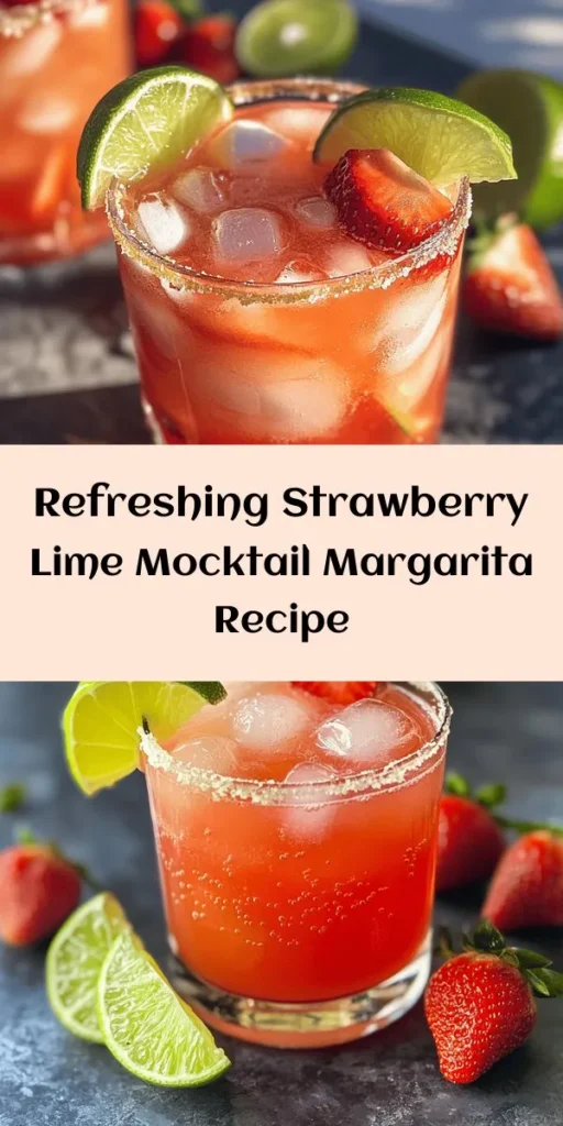 Quench your thirst with this refreshing Strawberry Lime Mocktail Margarita! Made with juicy strawberries, zesty lime juice, and a hint of sweetness from agave syrup, this vibrant drink is perfect for any occasion. Mix it up with coconut or sparkling water for a fizzy twist. Garnished with fresh lime and strawberry slices, it's not just delicious but also beautiful. Ideal for summer gatherings or simply relaxing at home. Enjoy this easy-to-make non-alcoholic delight!
