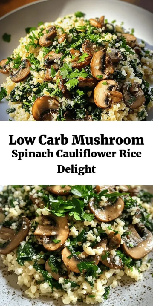 Enjoy a flavorful and healthy meal with this Low Carb Mushroom & Spinach Cauliflower Rice recipe! Made with fresh cauliflower, mushrooms, and spinach, this dish is not only low in carbs but also deliciously satisfying. It's quick to prepare in just 25 minutes, perfect for a weeknight dinner or meal prep. With garlic, onion, and a hint of soy sauce, each bite is packed with flavor. Garnish with parsley for an extra touch!