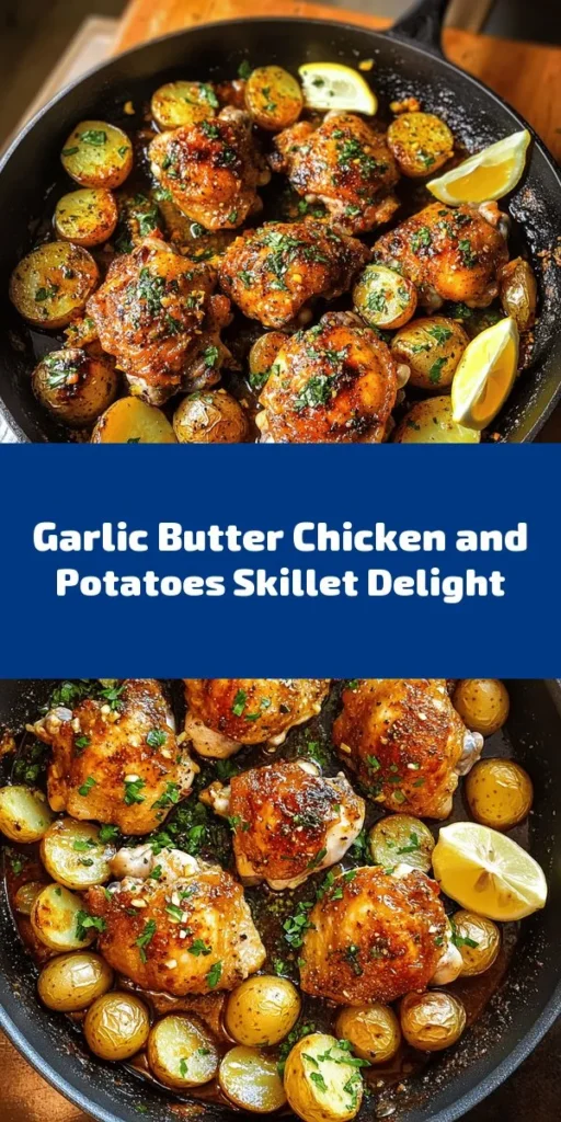 Elevate your dinner with this Sizzling Garlic Butter Chicken & Potatoes Skillet! This delicious one-pan meal features tender chicken thighs and golden baby potatoes tossed in a rich garlic butter sauce. Seasoned to perfection with paprika, thyme, and oregano, it’s the ultimate comfort food that’s easy to make and full of flavor. Ready in just 40 minutes, it’s perfect for busy weeknights. Serve with lemon wedges for a refreshing finish!