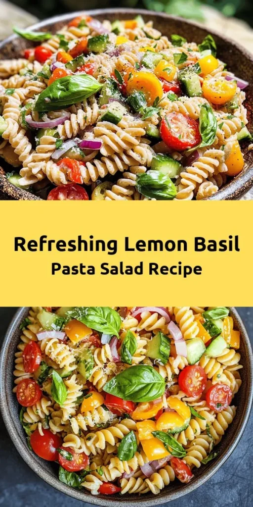 Brighten up your meal with this refreshing Lemon Basil Pasta Salad! Made with whole wheat pasta, juicy cherry tomatoes, crisp cucumber, and vibrant bell pepper, it’s a colorful addition to any table. The zesty lemon dressing adds a delightful tang, while fresh basil elevates the flavors. Perfect for a light lunch or potluck dish, this easy recipe comes together in just 45 minutes. Serve chilled for a delicious, healthy treat!