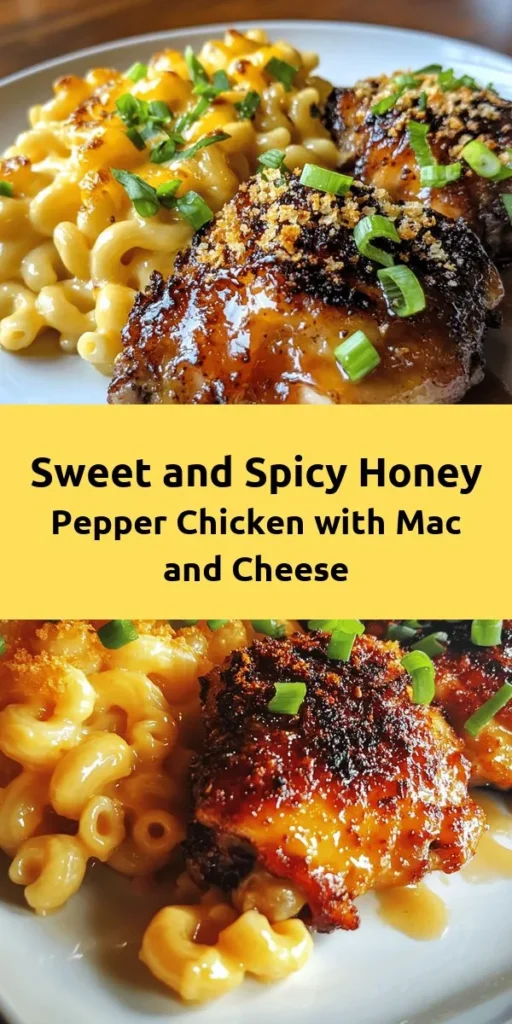 Dive into a delicious flavor explosion with Sweet and Spicy Honey Pepper Chicken paired with Creamy Macaroni Cheese! This easy recipe features perfectly marinated chicken thighs glazed with a mouthwatering honey and sriracha mixture, served alongside rich and cheesy macaroni. Perfect for family dinners, this dish brings comfort food to a whole new level. Garnish with green onions for a fresh touch and get ready to impress!