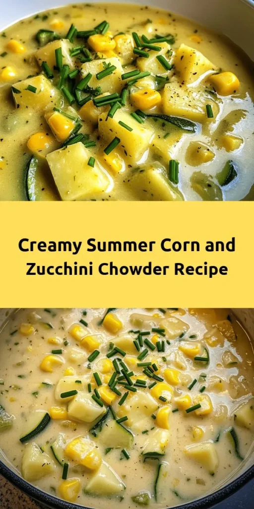 Enjoy the flavors of summer with this delicious Corn and Zucchini Chowder! Made fresh with sweet corn, tender zucchini, and creamy goodness, this recipe is perfect for warm days. Start with sautéed onions and garlic, add potatoes and spices, and let it simmer to perfection. Blend for a creamier texture if you wish. Serve hot, garnished with fresh chives. Quick and easy to prepare, it's a comforting dish that serves six. Perfect for family gatherings!
