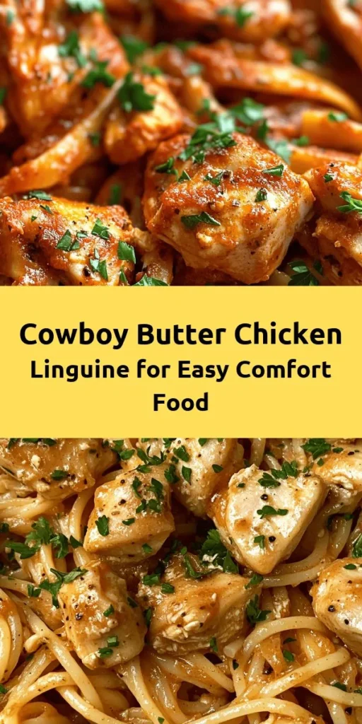 Treat yourself to a delicious dinner with this Easy Cowboy Butter Chicken Linguine! Packed with tender chicken thighs and a rich, buttery sauce, this dish is a perfect blend of flavors. It comes together in just 30 minutes and features garlic, lemon, and a hint of spice. Whether it's a family meal or a dinner party, this pasta recipe is sure to impress. Top it off with fresh parsley and Parmesan for an extra burst of flavor!
