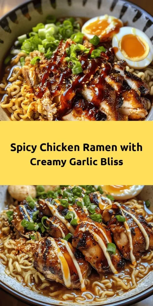 Spice up your dinner with this Fiery Chicken Ramen featuring a luscious creamy garlic sauce! This easy-to-follow recipe features marinated chicken thighs cooked to perfection, tender instant ramen, and savory shiitake mushrooms, all simmered in a flavorful broth. Top it off with a drizzle of rich garlic sauce and optional soft-boiled eggs, plus a kick of Sriracha for those who love heat. Perfect for warming up on a chilly night!