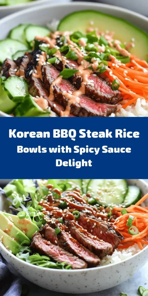 Create a delicious dinner with these Korean BBQ Steak Rice Bowls topped with a spicy cream sauce! Enjoy tender sirloin steak marinated in a flavorful blend of soy sauce, sesame oil, and gochujang. Serve it over a bed of jasmine rice with crisp veggies like Napa cabbage, carrots, and cucumber, plus creamy avocado slices. Drizzle with a homemade spicy mayonnaise sauce for a mouthwatering finish. Perfect for a quick, satisfying meal!