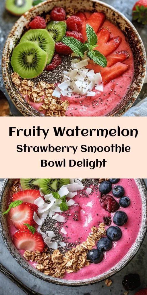 Indulge in this Refreshing Watermelon and Strawberry Smoothie Bowl! Packed with frozen watermelon, strawberries, and banana, blended with coconut water for a hydrating treat. Top it off with fresh berries, kiwi slices, granola, and more for a burst of flavor and crunch. Perfect for breakfast or a refreshing snack on a hot day. Ready in just 10 minutes, this smoothie bowl is not only delicious but also Instagram-worthy! Enjoy a cool, creamy delight that’s as nutritious as it is tasty.