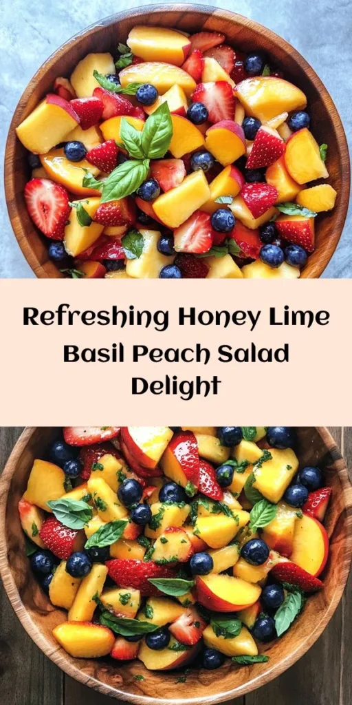 Elevate your summer gatherings with this refreshing Honey Lime Basil Peach Fruit Salad! Featuring juicy peaches, sweet strawberries, tart blueberries, and tropical pineapple, this vibrant dish is bursting with flavor. The zesty honey lime dressing and fragrant basil add a delightful twist. Perfect as a light dessert or a colorful side dish, it's easy to whip up in just 15 minutes. Enjoy the taste of summer in every bite! 🍑🍯