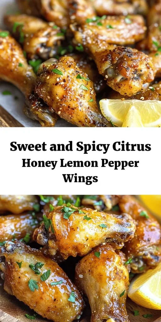 Get ready to elevate your game day snacks with these Citrus Honey Lemon Pepper Wings! These wings are tossed in a zesty marinade of lemon zest, garlic, and honey for a sweet and spicy flavor that will make your taste buds dance. Baked to crispy perfection and glazed with a luscious honey-lemon sauce, they are ideal for sharing or enjoying solo. Serve them hot with lemon wedges and fresh parsley for a mouthwatering treat. Perfect for any occasion!