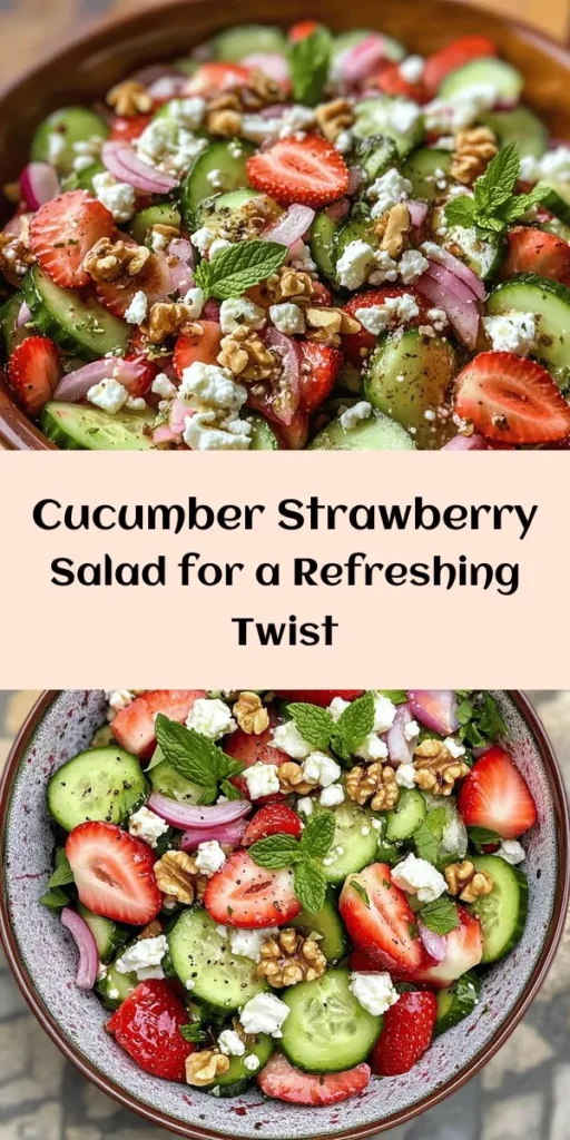Discover a light and refreshing Cucumber Strawberry Salad that's perfect for warm days! This easy-to-make dish combines crisp cucumbers, sweet strawberries, and zesty red onion, topped with crumbled feta and crunchy walnuts. Finished with a drizzle of balsamic vinegar and olive oil, it's a delightful mix of flavors. Ready in just 25 minutes, this salad is not only delicious but also a treat for the eyes. Ideal for any occasion! Enjoy the burst of freshness!