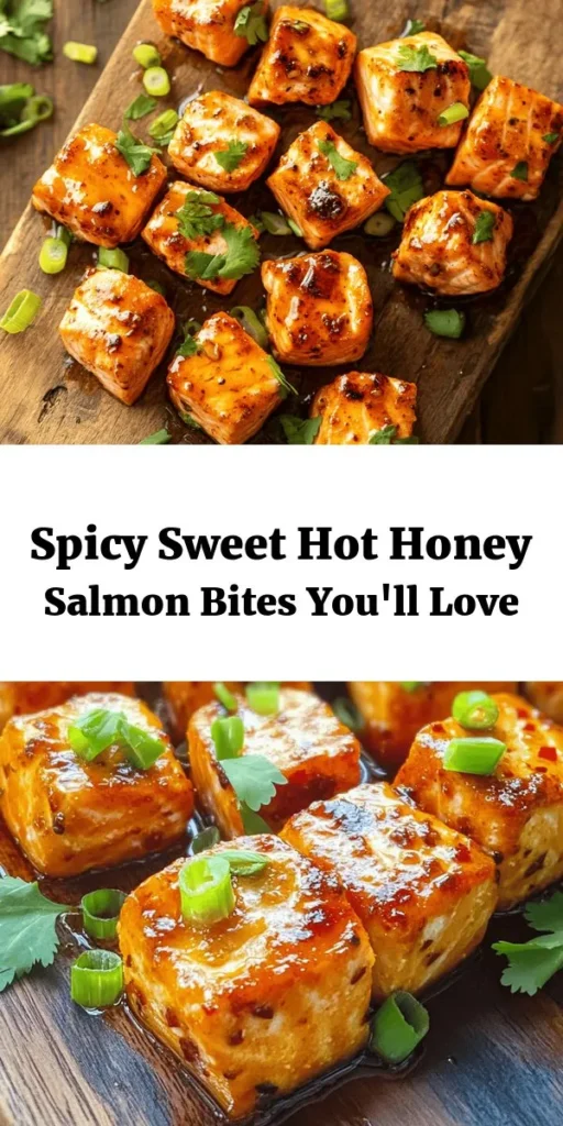 Indulge in these delicious Hot Honey Salmon Bites! Perfectly seasoned salmon cubes are marinated in olive oil, garlic powder, and smoked paprika before being cooked to golden perfection. Drizzled with a homemade hot honey sauce made from honey, sriracha, soy sauce, and lemon juice, these bites are sweet, spicy, and utterly irresistible. Garnish with fresh cilantro or green onions for a delightful finish. A quick and tasty dish ideal for any occasion!
