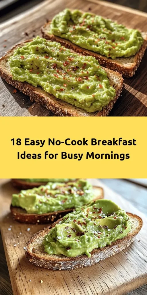 Start your day with these 18 delicious no-cook breakfast ideas! From classic avocado toast to fun fruit and nut parfaits, there's something for everyone. Each recipe is quick and easy, featuring fresh ingredients and minimal prep time. Perfect for busy mornings, these meals are not only satisfying but also nutritious. Explore new flavors with overnight oats, chia pudding, and savory options like hummus wraps. Enjoy these effortless breakfasts that make mornings brighter!